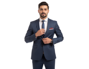 Male office professional adjusting tie with confident corporate posture, isolated on a transparent background, PNG