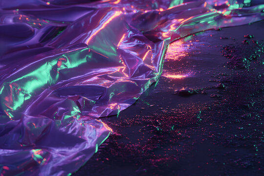 iridescent purple surface with neon green reflections creating a retro futuristic vaporwave atmosphere