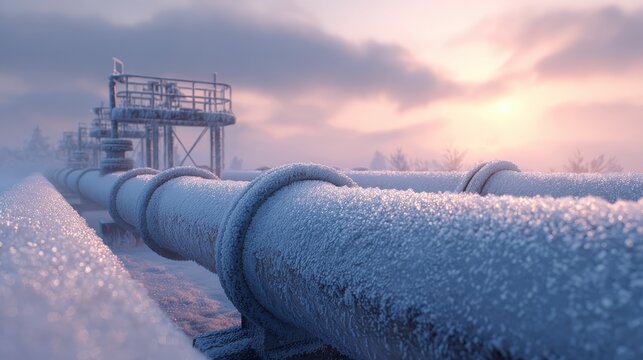 closeup of a snowcovered industrial pipeline gleaming in the sunrise the frosty landscape and machinery create a stark contrast symbolizing resilience in winters grip - Powered by Adobe
