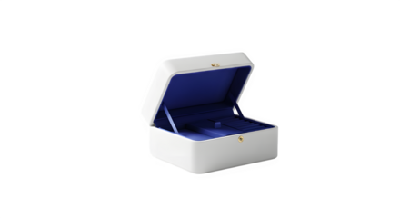An open white jewelry box with a vibrant blue velvet interior isolated on transparent background