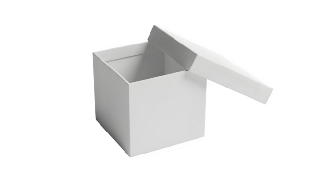A simple white paper box with its lid partially open isolated on transparent background - Powered by Adobe