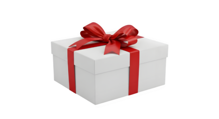 A white gift box with a red ribbon tied in a bow isolated on transparent background
