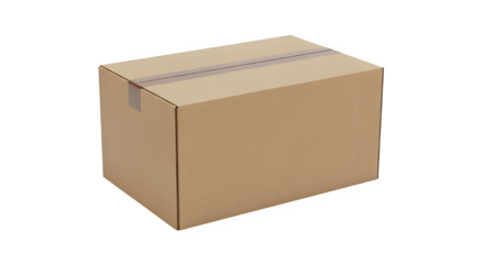 A single closed cardboard shipping box with tape isolated on a transparent background for delivery and logistics isolated on transparent background