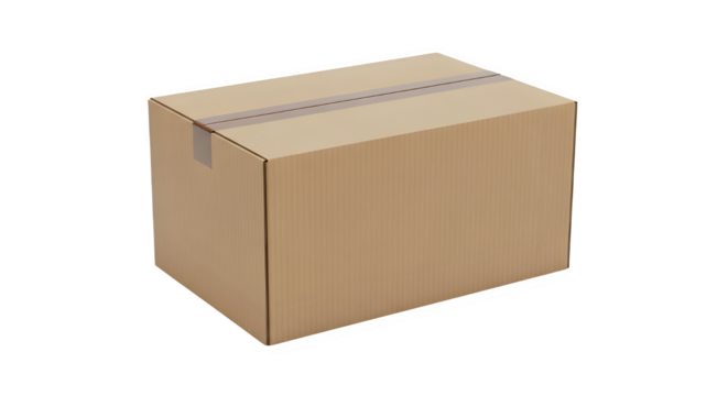 A single closed cardboard shipping box with tape isolated on a transparent background for delivery and logistics isolated on transparent background