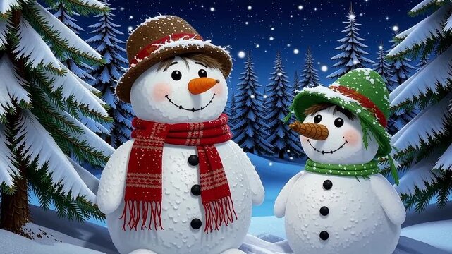 Animated snowmen friends frolic in a playful winter wonderland scene with snowy trees and twinkling stars, perfect for holiday cheer and seasonal greetings Generated with AI using PixVerse