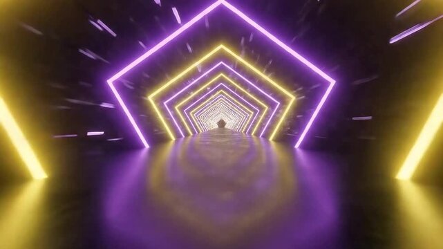 A forward view through a dark reflective tunnel lined with alternating yellow and purple glowing pentagonal neon frames