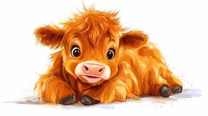 Adorable fluffy young bovine rests on a white surface with expressive eyes