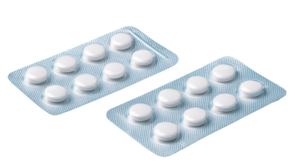 Two blister packs isolated on white background, pharmaceutical medication packaging, pills or capsules, medical product, healthcare concept
