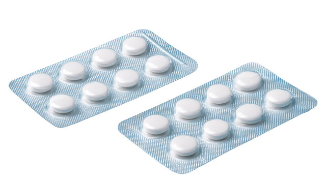 Two blister packs isolated on white background, pharmaceutical medication packaging, pills or capsules, medical product, healthcare concept - Powered by Adobe