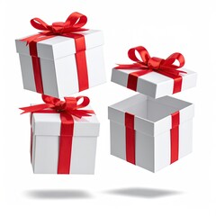 Fototapeta premium Three white gift boxes with red ribbons, one open