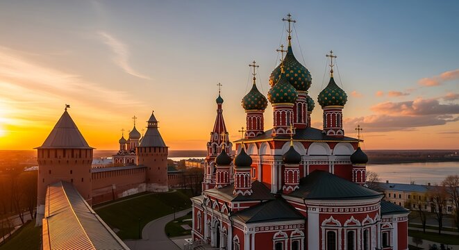 Stunning Sunset over Ancient Russian Orthodox Cathedral with Golden Domes and Historic Architecture. - Powered by Adobe