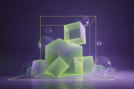 3d geometric shapes glowing in purple and neon green creating a clean futuristic sci fi aesthetic