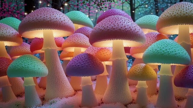 Enchanted forest mushrooms glowing with vibrant color, an otherworldly scene perfect for fantasy books, fairy tales, and magical themed backgrounds