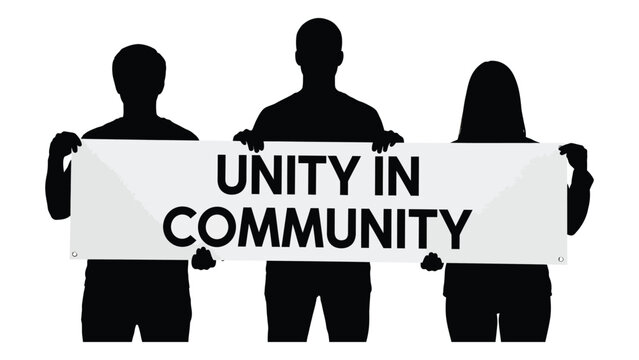 Three silhouettes holding 'unity in community' banner isolated on white background, Vector