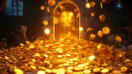 Golden coins flowing to treasure door.