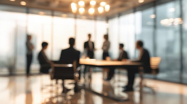 blurred image of business meeting in modern office professional team discussion around conference table in corporate environment