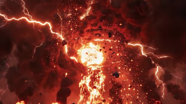 Apocalyptic storm rages with fiery explosions and lightning strikes, creating a dramatic and intense atmosphere of destruction and chaos