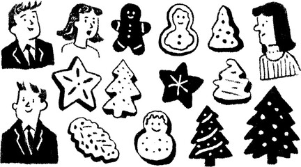 Naklejka premium Hand-drawn black and white illustration of festive cookies and characters. The set includes gingerbread men, Christmas trees, and stars in vector style.