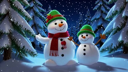 Festive snowmen bringing winter joy in magical forest scene, perfect for holiday greetings and seasonal promotions, creating heartwarming feelings of Christmas cheer