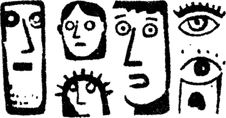 Abstract faces with various expressions in a simple black outline style. Unique vector illustration showcasing a creative set of modern art.