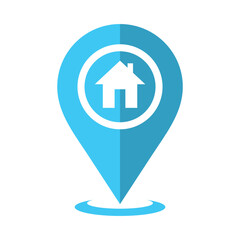 Blue map pin icon with a white house symbol, representing home location