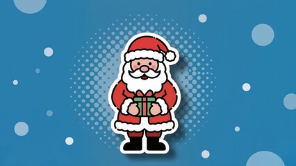 Obraz premium Cheerful Santa Claus holding a gift with blue background for festive holiday greetings and Christmas cheer