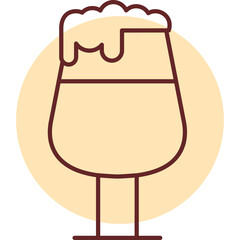 Outline drawing of a tulip glass filled with amber colored beer topped with foamy head isolated on a light peach circle background with a transparent base and stem