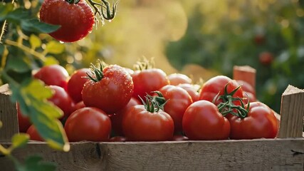 A gloved hand picks a ripe dew-covered tomato from the vine adding it to a wooden crate full of freshly harvested tomatoes in a sunlit garden - Powered by Adobe