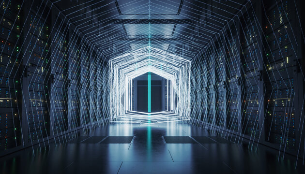 Futuristic data center corridor illuminated with neon lights, showcasing advanced technology and server racks, creating a high-tech atmosphere for digital innovation