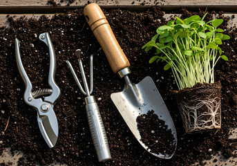 Flat Lay of Gardening Tools and Seedlings in Soil