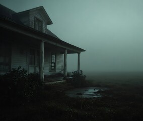 Spooky old farmhouse disappearing into dense fog evokes mystery and suspenseful feelings for dramatic storytelling