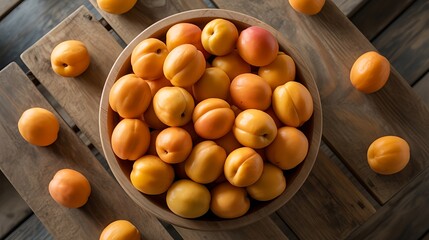 Fresh apricots overflowing from wooden bowl on rustic table, creating vibrant and healthy food concept, perfect for summer recipes and wellness projects
