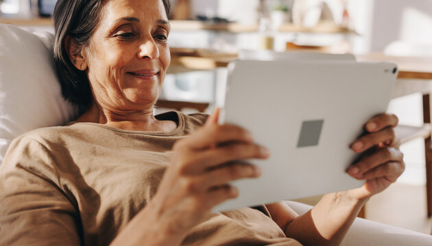 Senior woman with dark hair, comfortably seated on a couch, is using a tablet device, enjoying digital content in a cozy living room setting with warm lighting and soft furnishings - Powered by Adobe