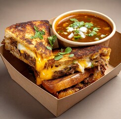 Indulge in a cheesy birria grilled cheese sandwich with a rich consomm&eacute; dipping sauce experience
