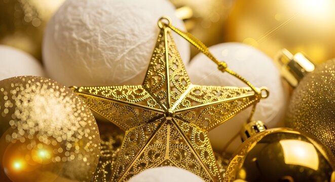 Elegant gold star Christmas ornaments with festive holiday sparkle and glow
