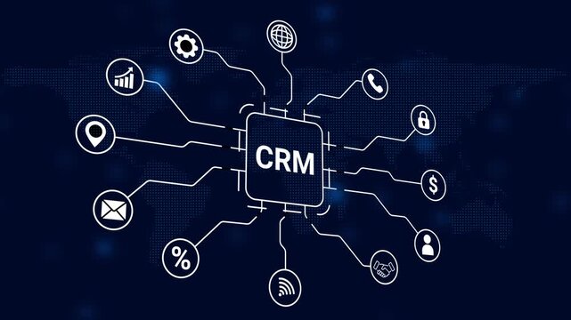 CRM concept with icons connected to a central processor on a digital world map background customer relationship management