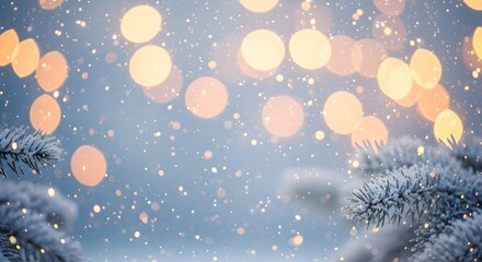 Magical winter wonderland with softly falling snow and blurred golden bokeh lights