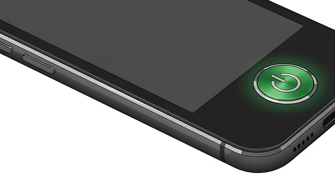 Close up of a smartphone with a glowing green power button symbol.