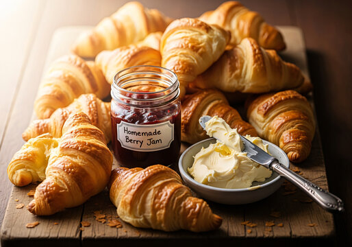 Close-up of Fresh Croissants with Homemade Berry Jam and Butter on Wood - Powered by Adobe