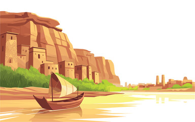 Ancient Egyptian Landscape: River Nile, Boat, Village, Cliffs, and Greenery in Warm Tones, Evoking History and Travel