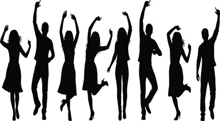 Group of black silhouettes featuring young men and women cheering and dancing dynamically with hands raised, capturing celebration, party, and festive entertainment concepts, isolated on white.