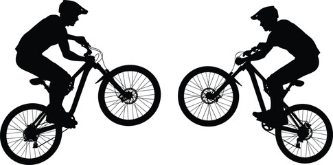 Mountain biker silhouette performing a wheelie or jump stunt on a downhill bicycle, extreme sport vector illustration