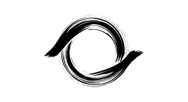 Abstract black ink brush stroke circle design on a white background, artistic and minimalist.