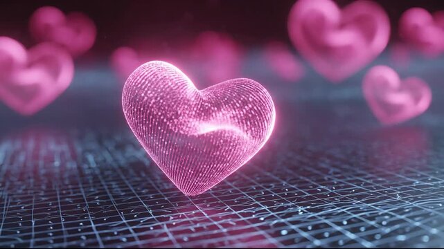 A glowing pink heart with a digital texture floats above a dark gridded surface Other blurred pink hearts are visible in the soft-focus background