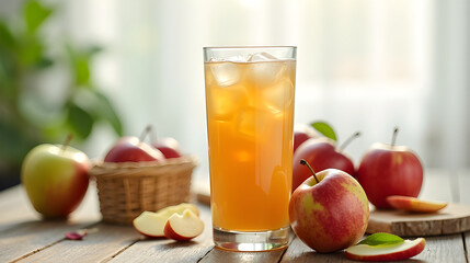 Refreshing Glass of Chilled Apple Juice with Ice and Fresh Red and Green Apples on a Wooden Table