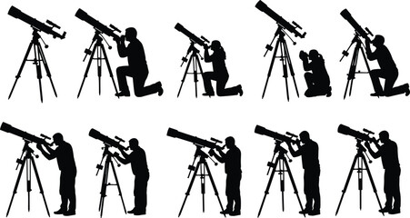 Silhouettes of astronomers, amateur stargazers, and photographers using astronomical telescopes on tripods, observing celestial objects and night skies, illustration vector set.