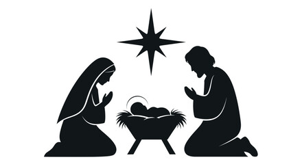 Elegant Nativity Scene Silhouette for Christmas Celebrations, Holy Family and Star of Bethlehem, Ideal for Religious Holiday Designs and Festive Greetings