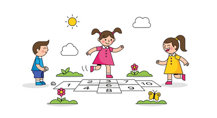 Cheerful cartoon children in colorful clothes playing hopscotch together on a sunny day.