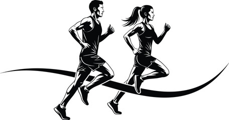 Stylized black and white vector silhouette of a fit male and female couple running together dynamically over a decorative wave element, representing fitness, health, and athletic lifestyle.