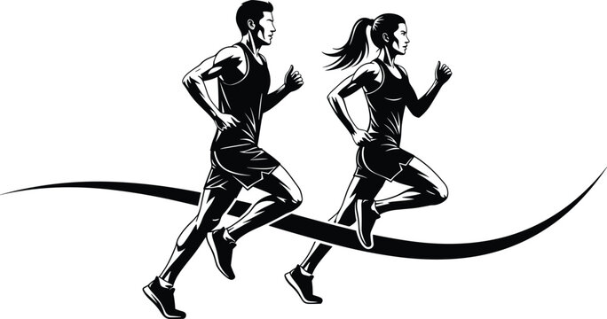 Stylized black and white vector silhouette of a fit male and female couple running together dynamically over a decorative wave element, representing fitness, health, and athletic lifestyle.